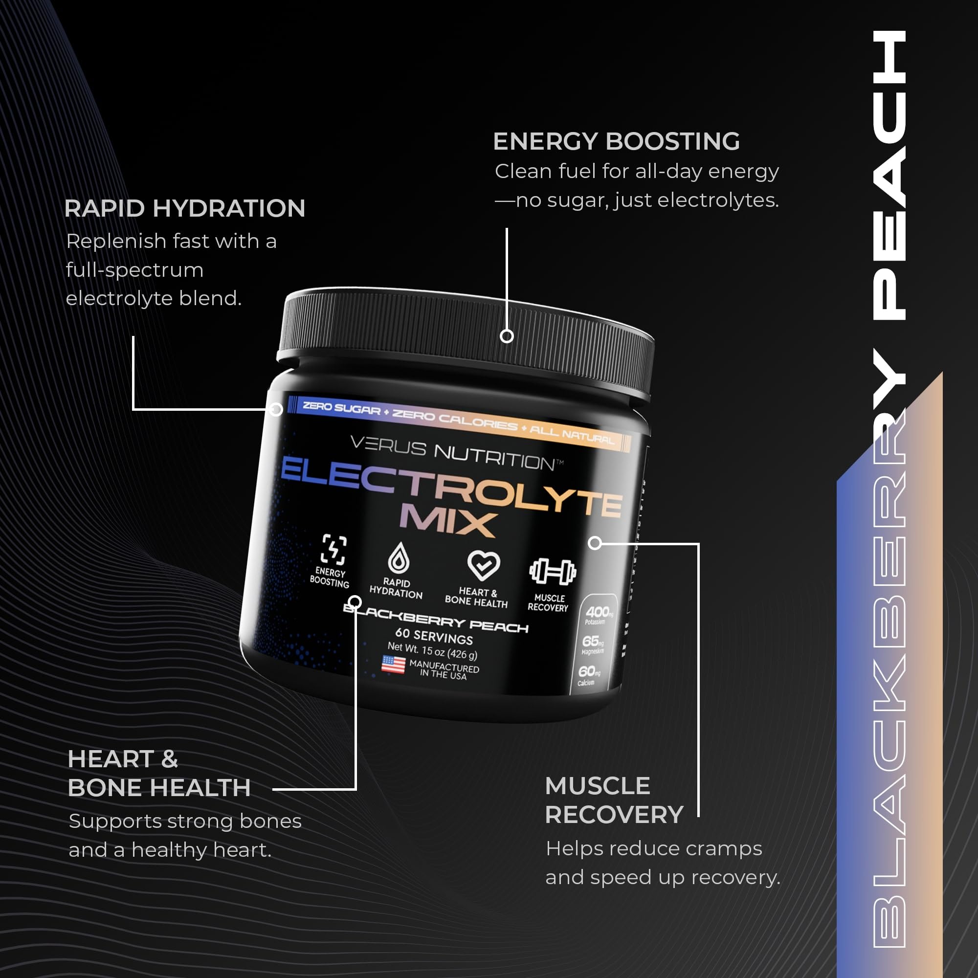 VERUS NUTRITION label close-up highlighting zero sugar and electrolyte blend