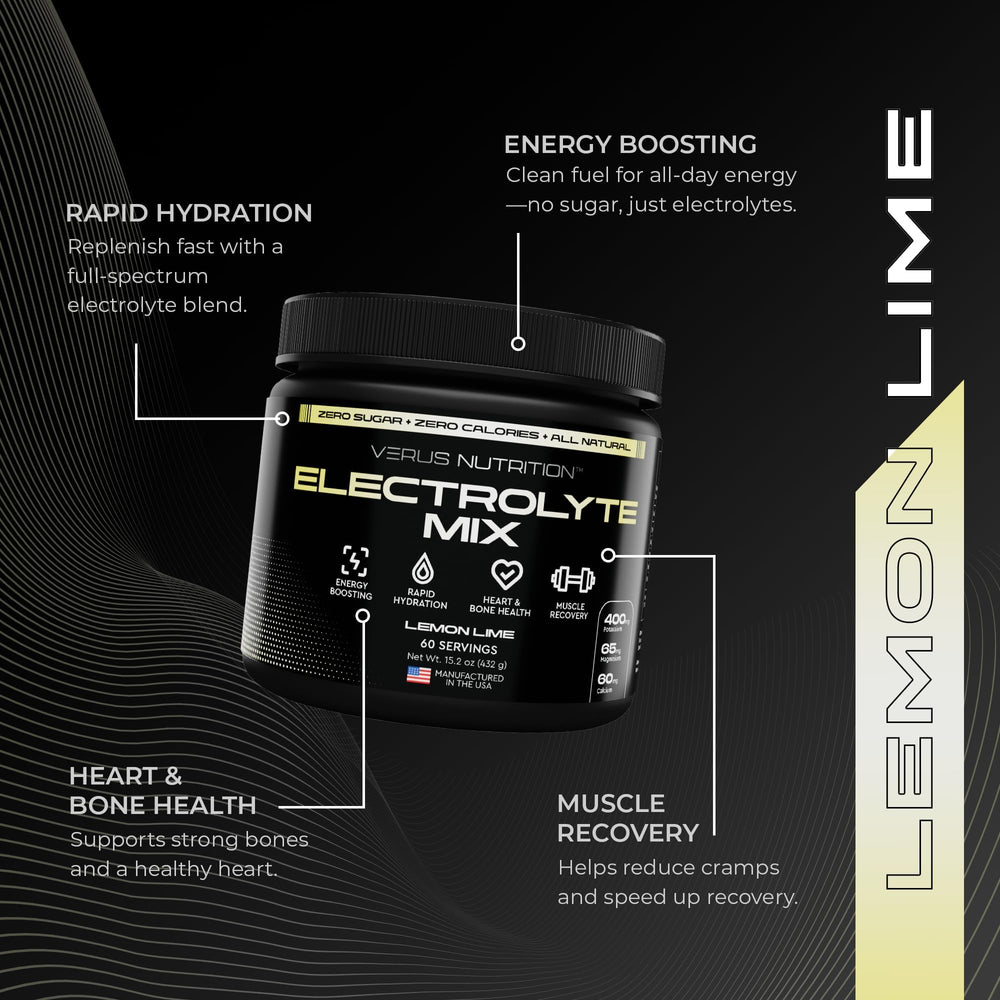 VERUS NUTRITION electrolytes powder pour-action demonstrates easy on-the-go hydration.