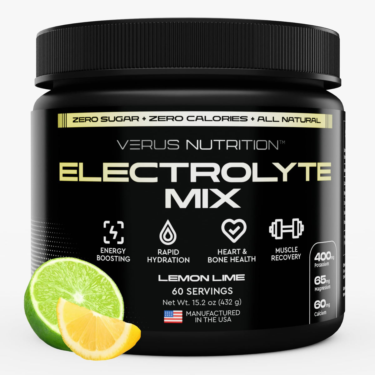 VERUS NUTRITION electrolytes powder tub front promotes clean hydration with zero sugar.