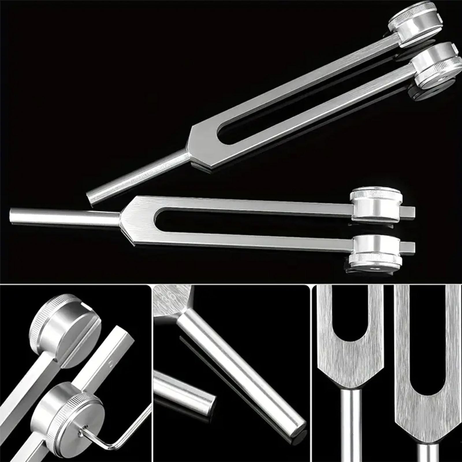 136Hz tuning fork with brushed aluminum glow supports calm focus.