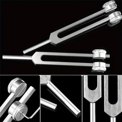 136Hz tuning fork with brushed aluminum glow supports calm focus.
