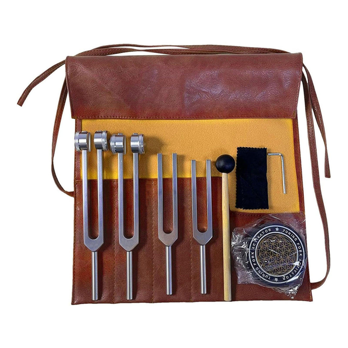 Verveens tuning forks healing set displayed with activator and leather pouch for meditative practice.