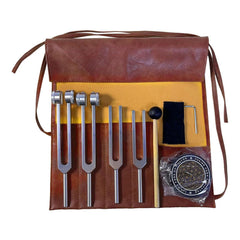 Verveens tuning forks healing set displayed with activator and leather pouch for meditative practice.