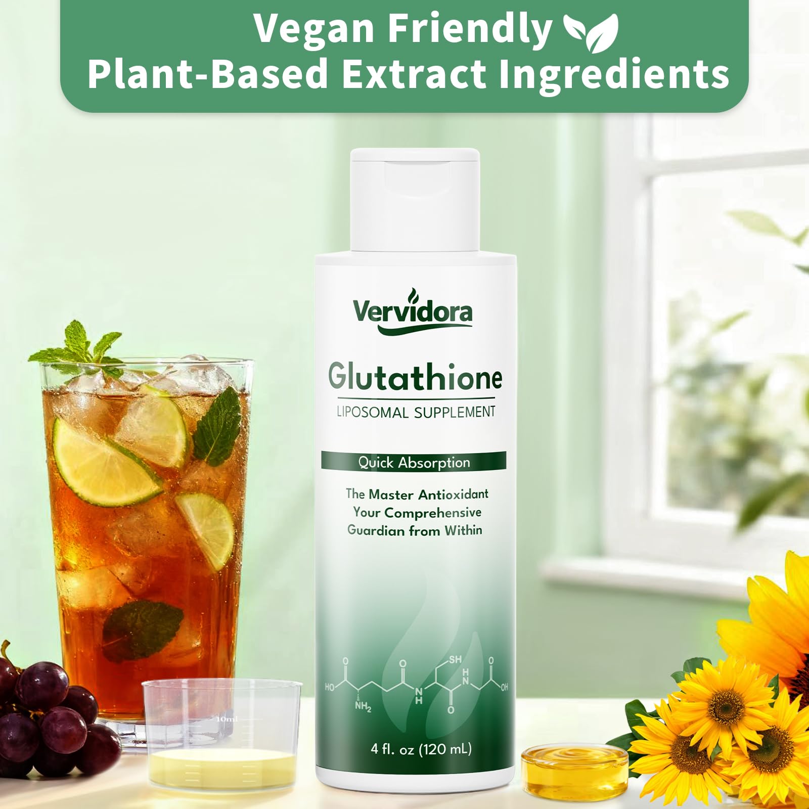 Vervidora Liposomal Glutathione bottle close-up emphasizing bioavailability.