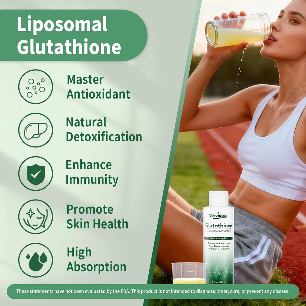 Vervidora Liposomal Glutathione label highlights vegan, GMO-free formula.