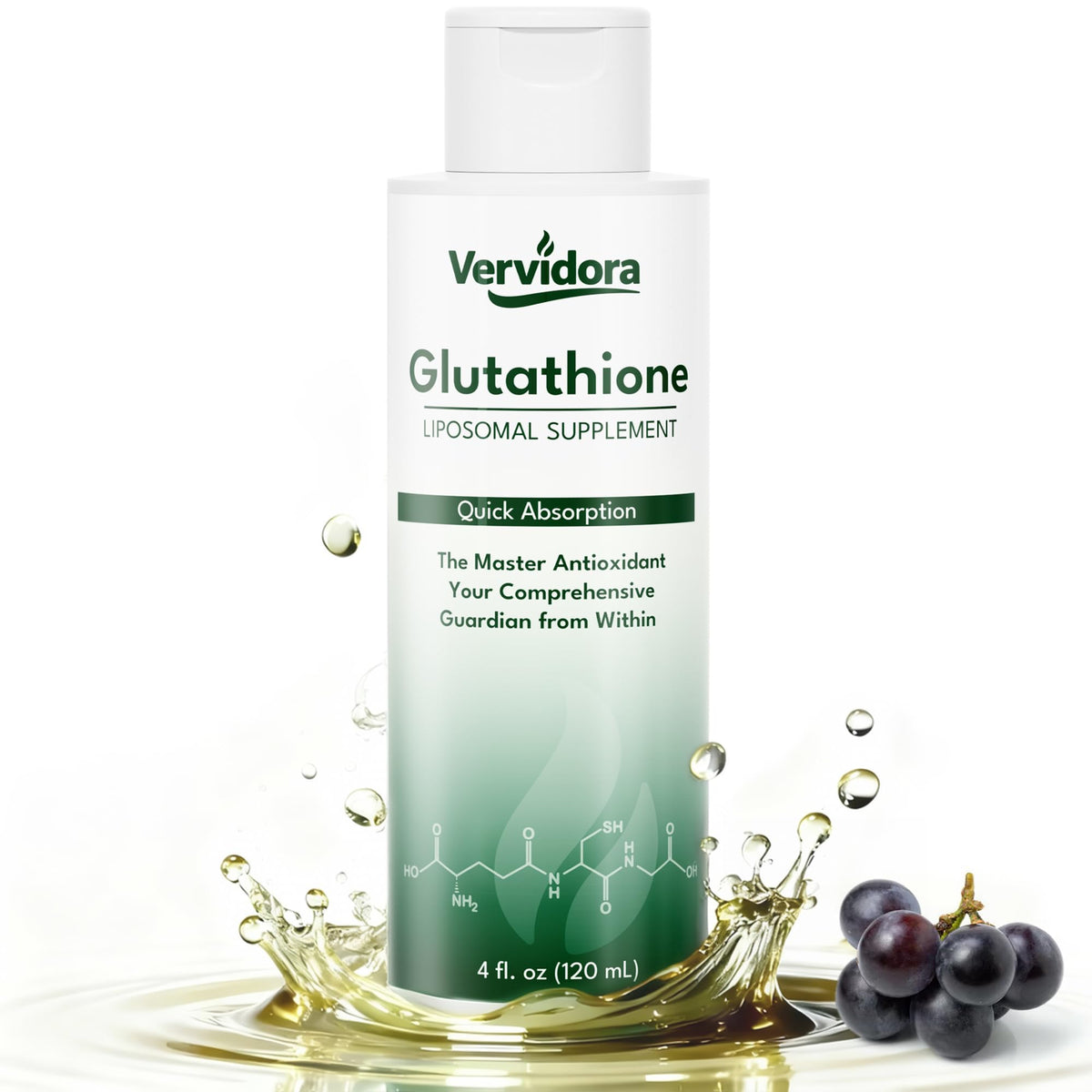 Vervidora Liposomal Glutathione bottle pouring for daily antioxidant support.