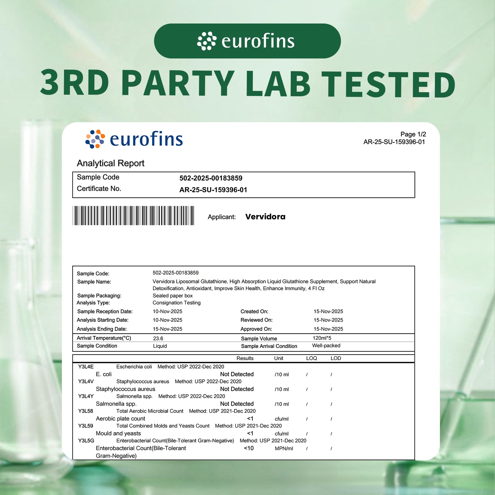 Vervidora Liposomal Glutathione grape-flavored liquid in glass.