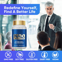 Veryherbs NADH+ bottle front highlighting NAD+ and resveratrol benefits for healthy aging.