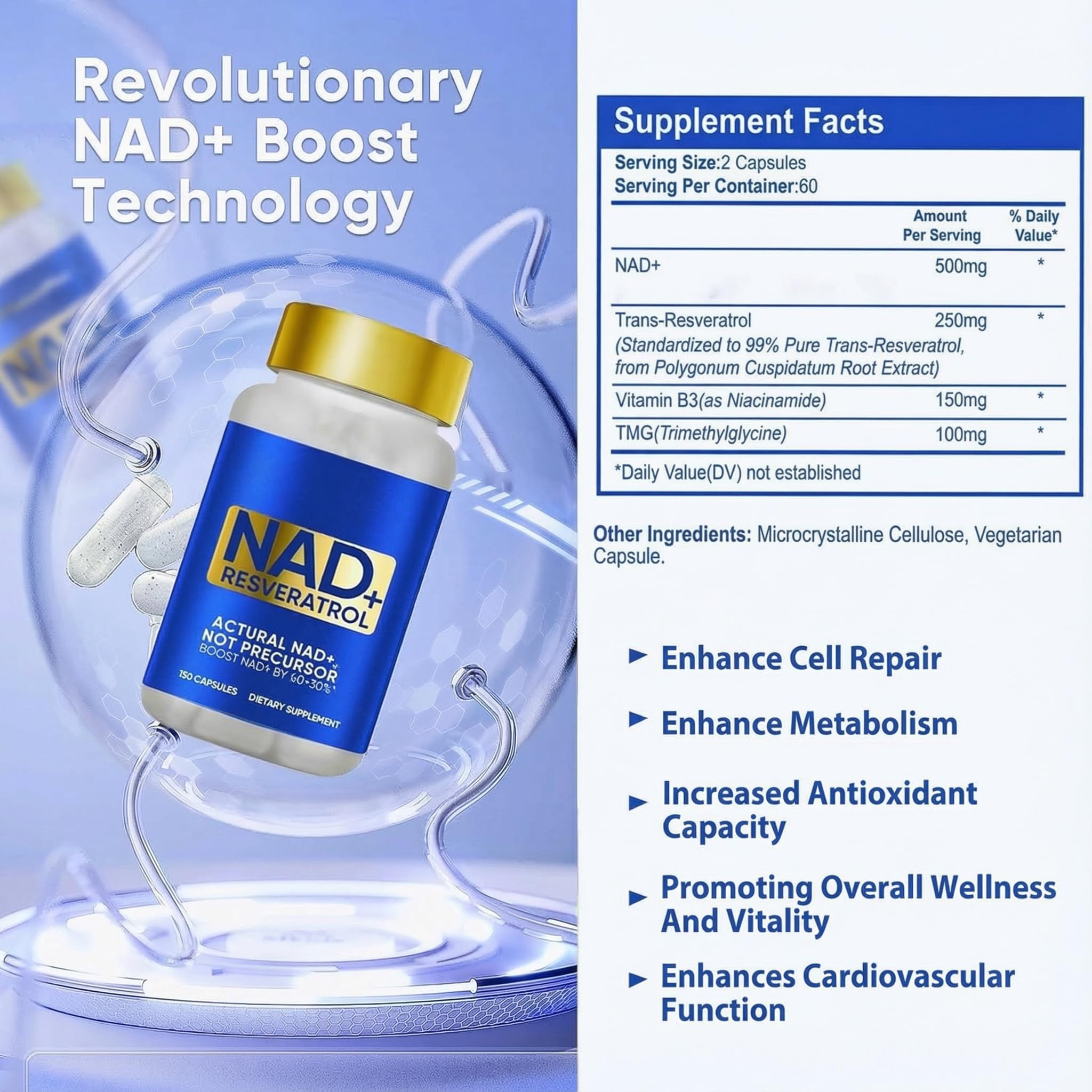 Veryherbs NADH+ bottle with glass showcasing premium packaging for daily use.