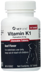 Vet One Vitamin K1 chewables bottle with beef flavor supports follow-up therapy after injections for dogs and cats
