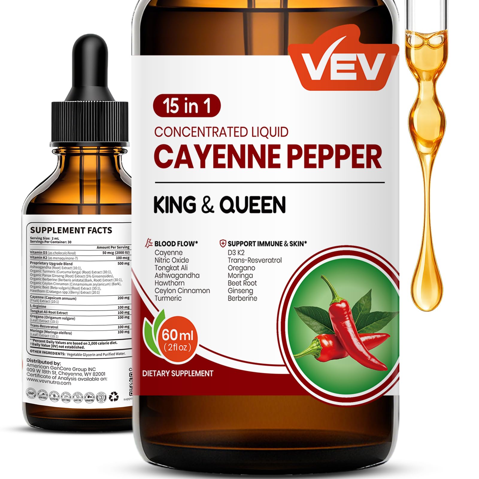 VEV 15-in-1 cayenne drops bottle front for daily wellness support