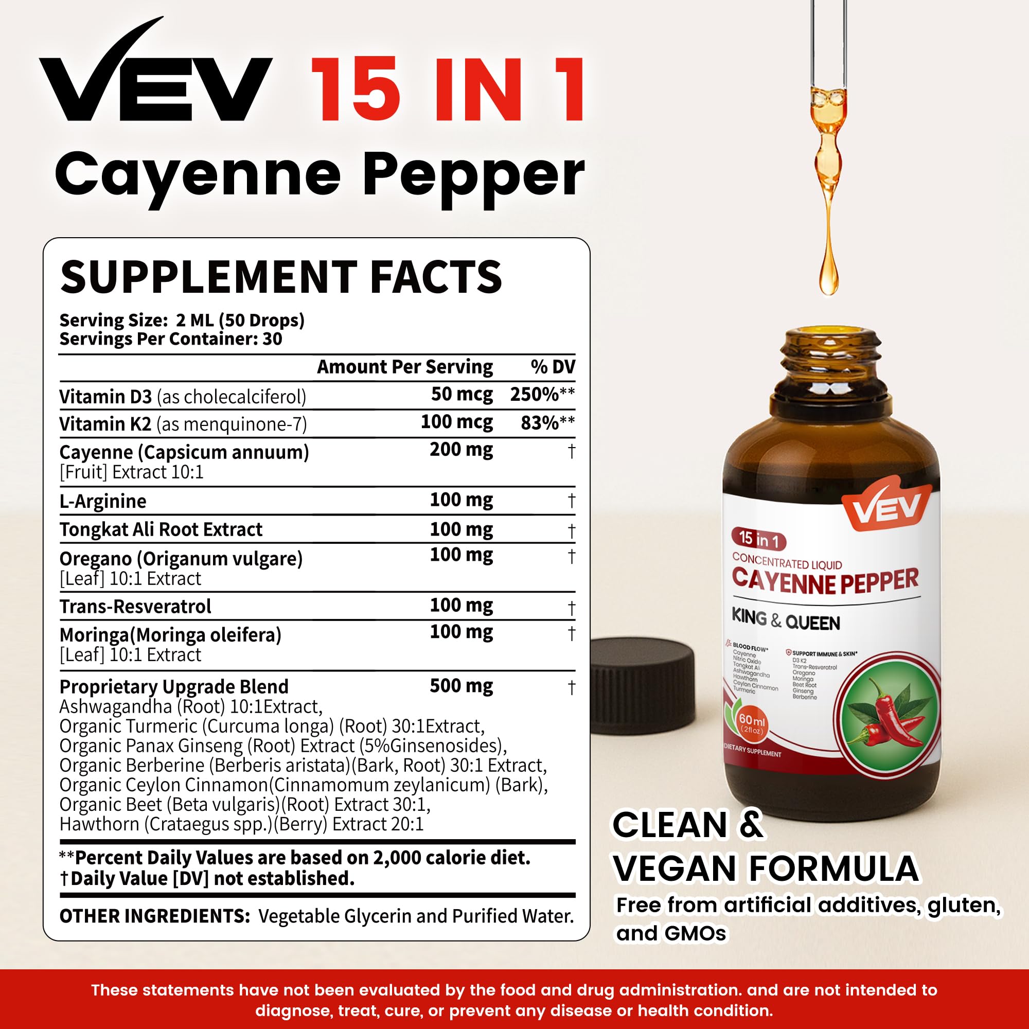 VEV 15-in-1 cayenne drops dropper delivering a precise dose for daily use