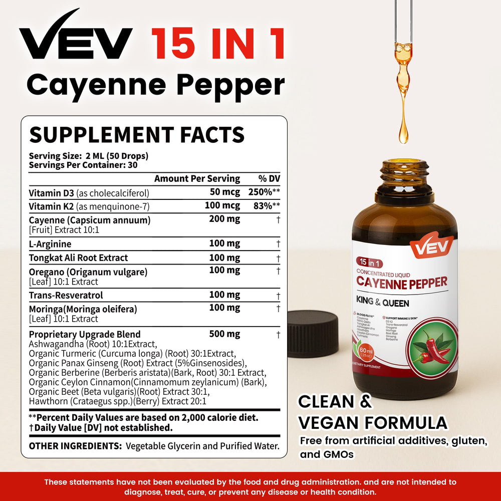 VEV 15-in-1 cayenne drops dropper delivering a precise dose for daily use