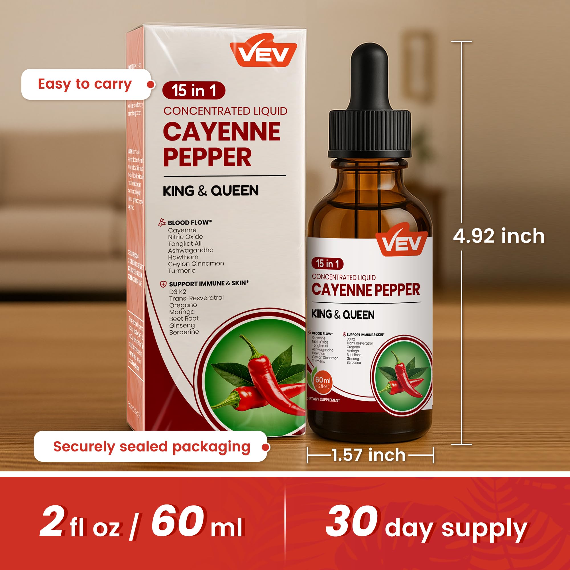 VEV 15-in-1 cayenne drops vegan label emphasizing clean formulation