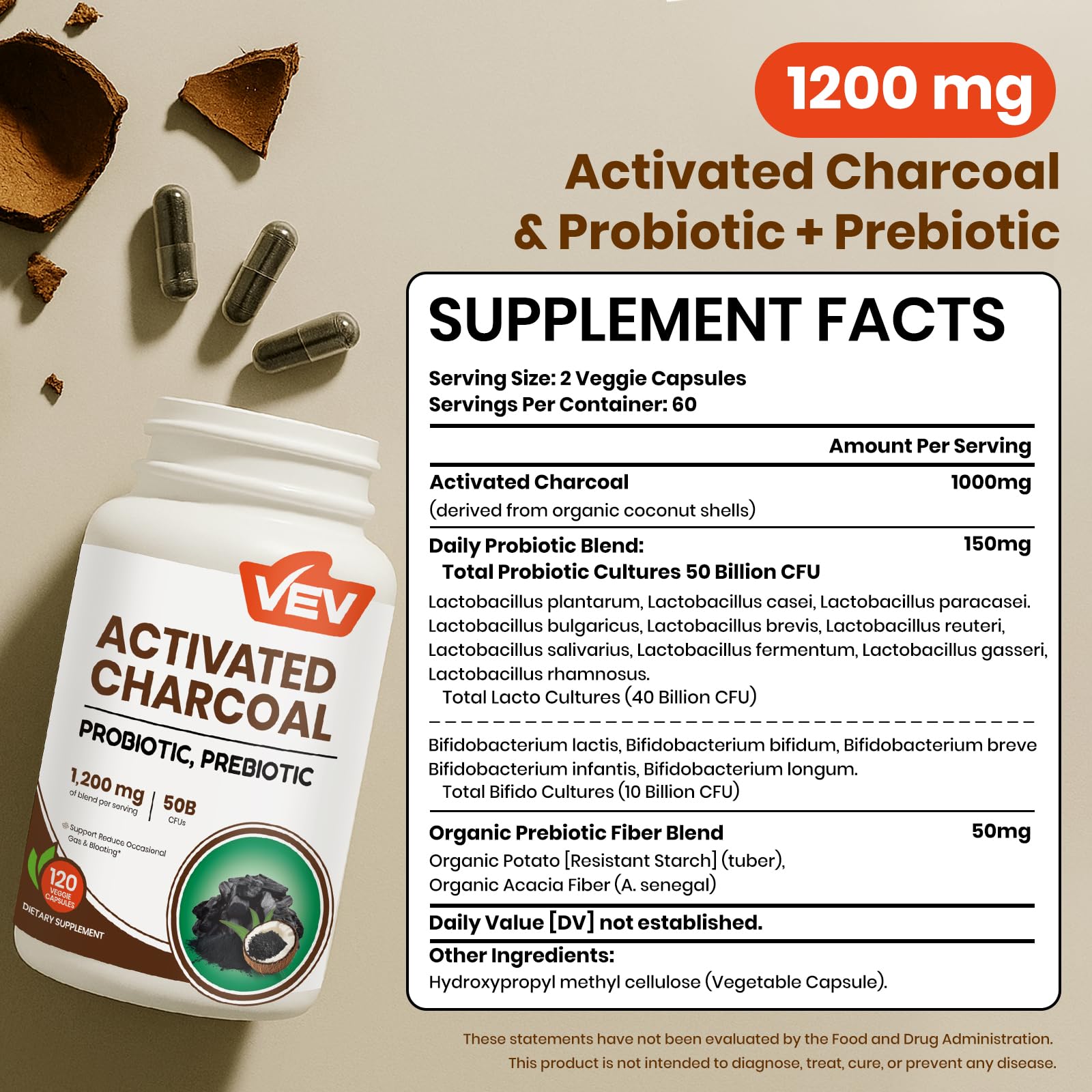 VEV Activated Charcoal capsules close-up showing vegan capsules for easy ingestion.