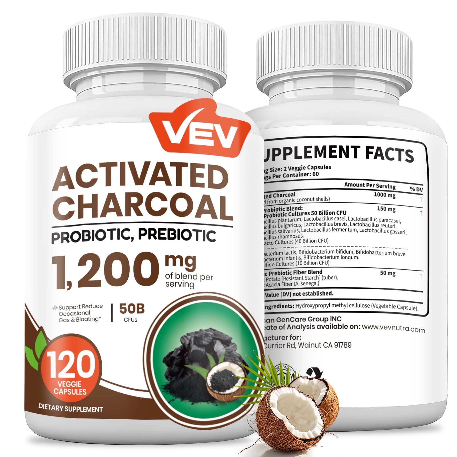 VEV Activated Charcoal organic coconut shell bottle for digestive support.