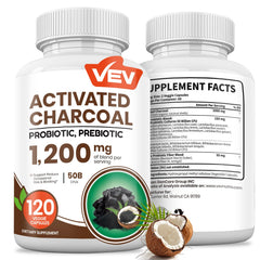 VEV Activated Charcoal organic coconut shell bottle for digestive support.