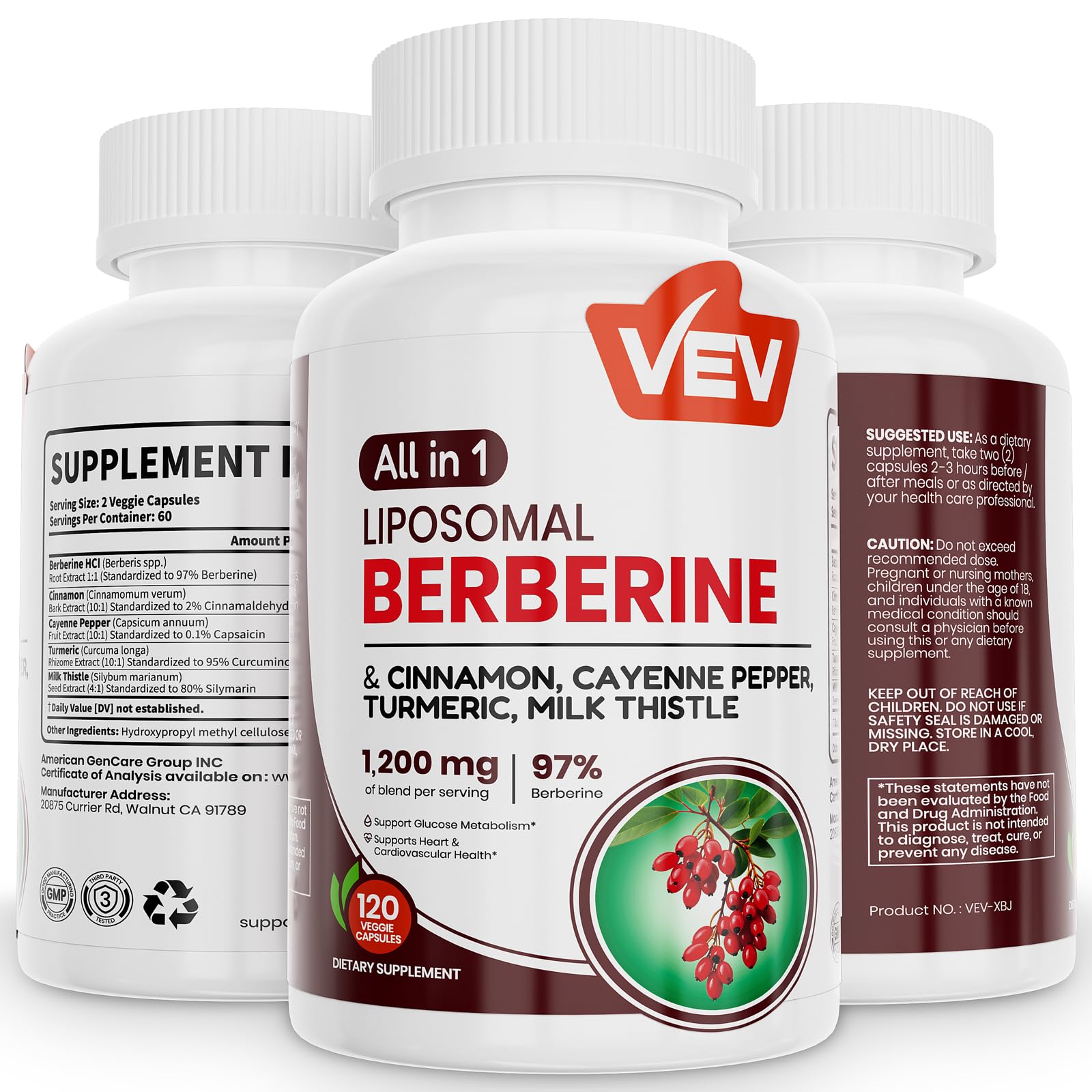 VEV Berberine bottle with easy-to-swallow capsules for daily wellness