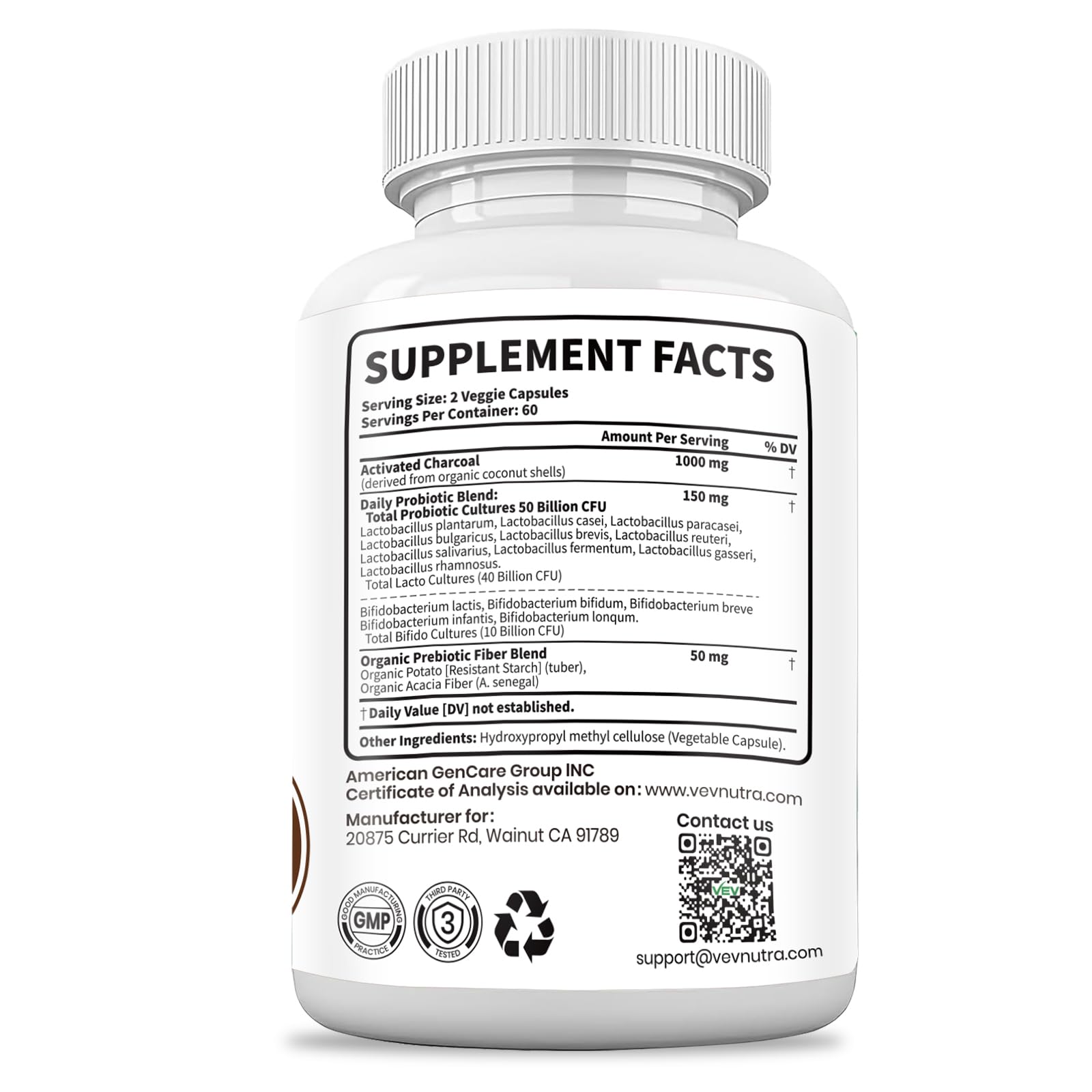 VEV Bottle front view highlighting vegan capsules for digestive support.