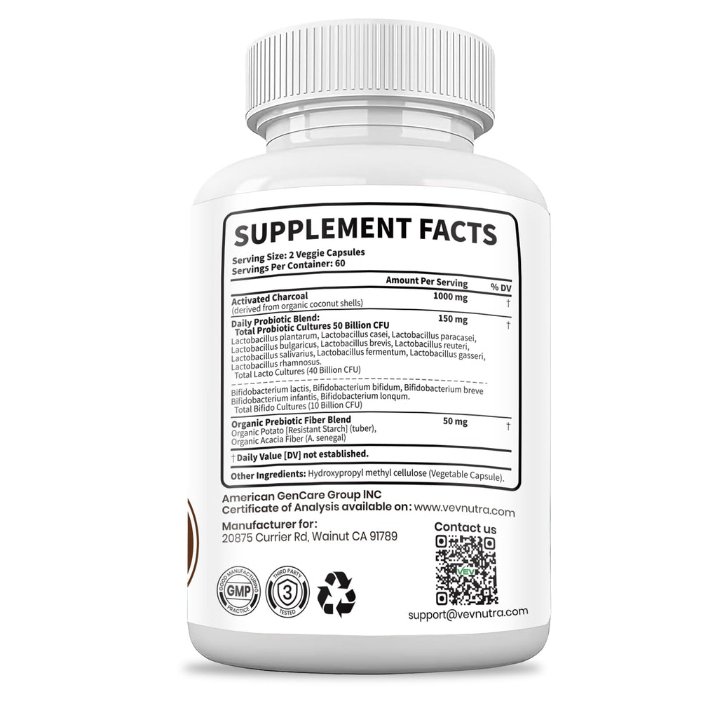 VEV Bottle front view highlighting vegan capsules for digestive support.