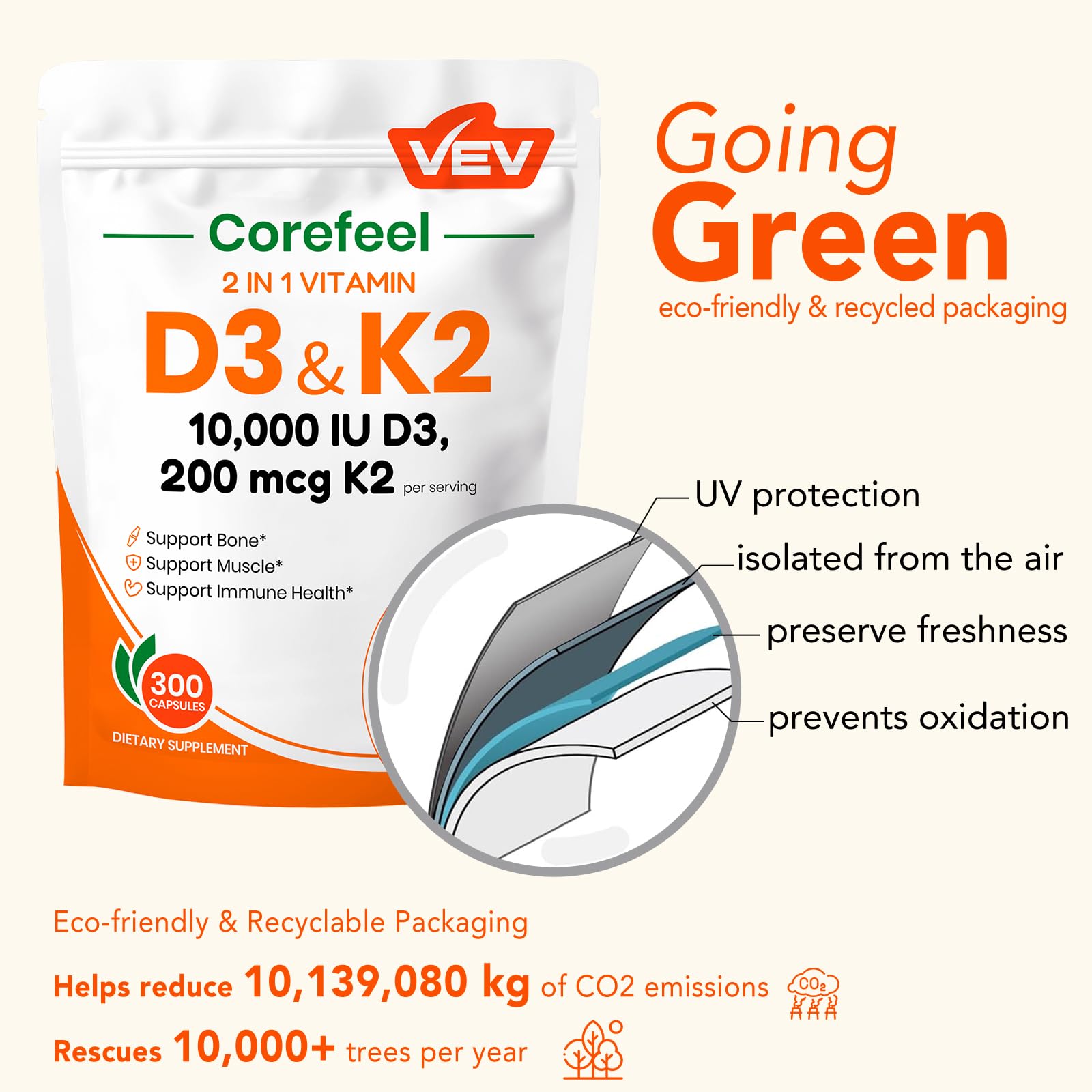VEV Corefeel D3 K2 bottle on table, convenient daily wellness companion