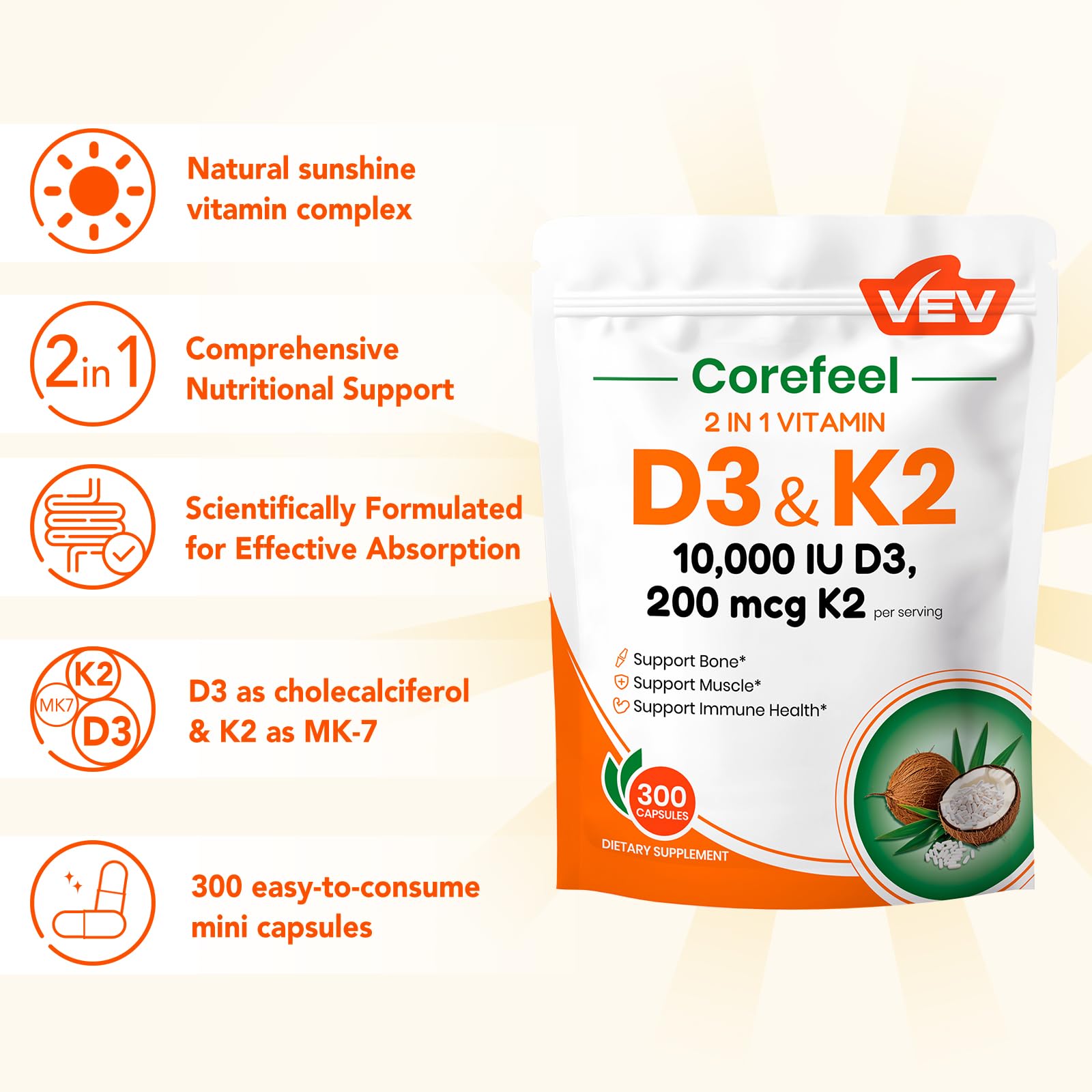 VEV Corefeel D3 K2 capsules close-up, smooth and easy-to-swallow