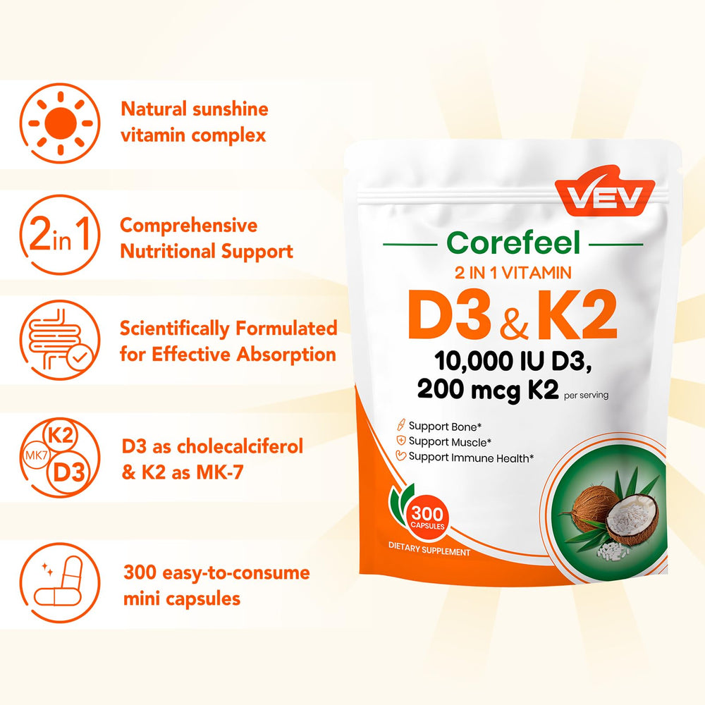 VEV Corefeel D3 K2 capsules close-up, smooth and easy-to-swallow