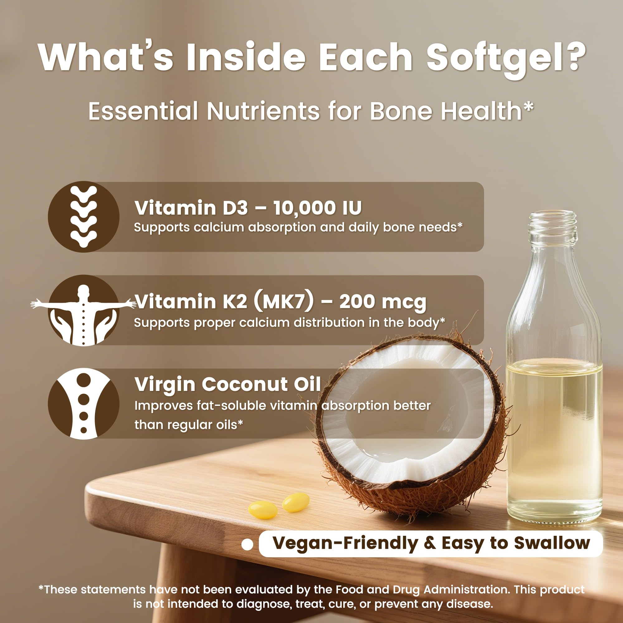 VEV Corefeel D3 K2 coconut oil absorption illustration emphasizes fat-assisted uptake.