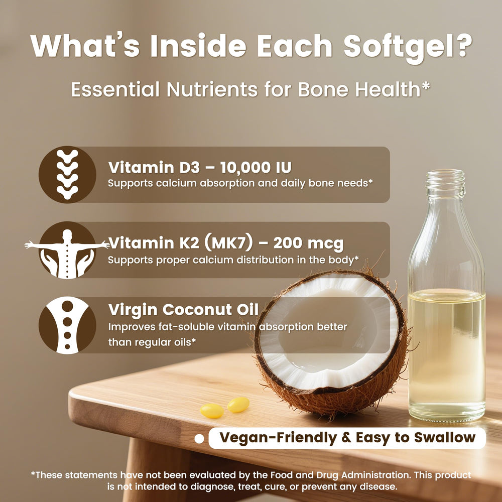 VEV Corefeel D3 K2 coconut oil absorption illustration emphasizes fat-assisted uptake.