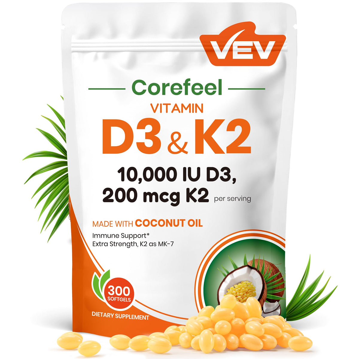 VEV Corefeel D3 K2 softgel bottle highlights high-potency D3 and MK-7 for bone health.