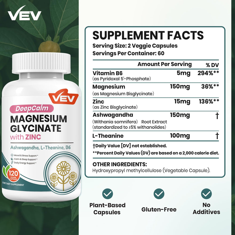 VEV DeepCalm bottle back lists ingredients and dosage for easy nightly use.