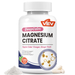 VEV DeepCalm bottle front shows calm, daily digestive support on the label.
