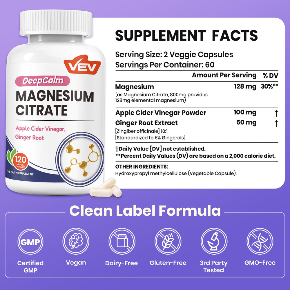 VEV DeepCalm capsules closeup highlights easy-to-swallow vegan capsules.