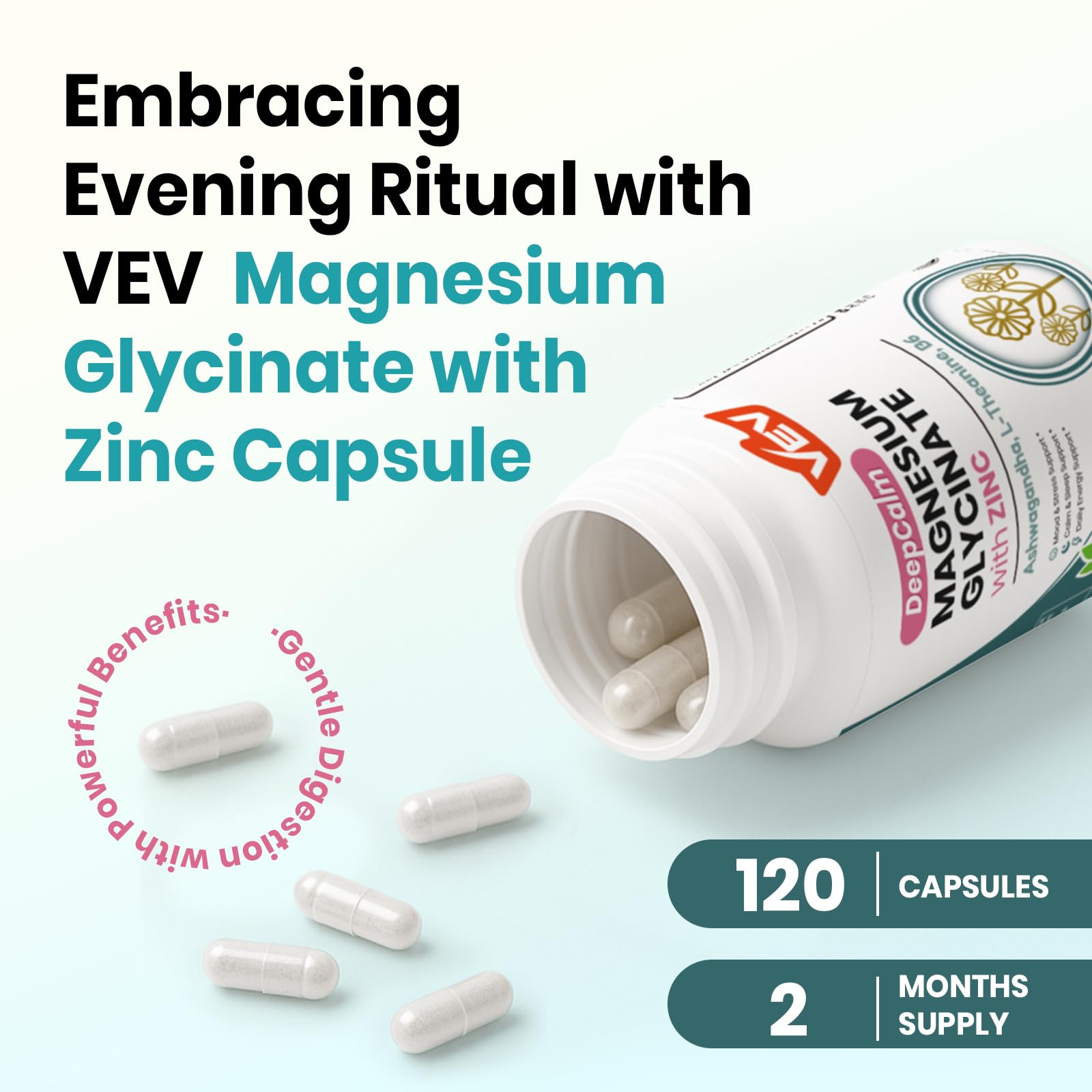 VEV DeepCalm capsules in bottle suggest an easy evening ritual.