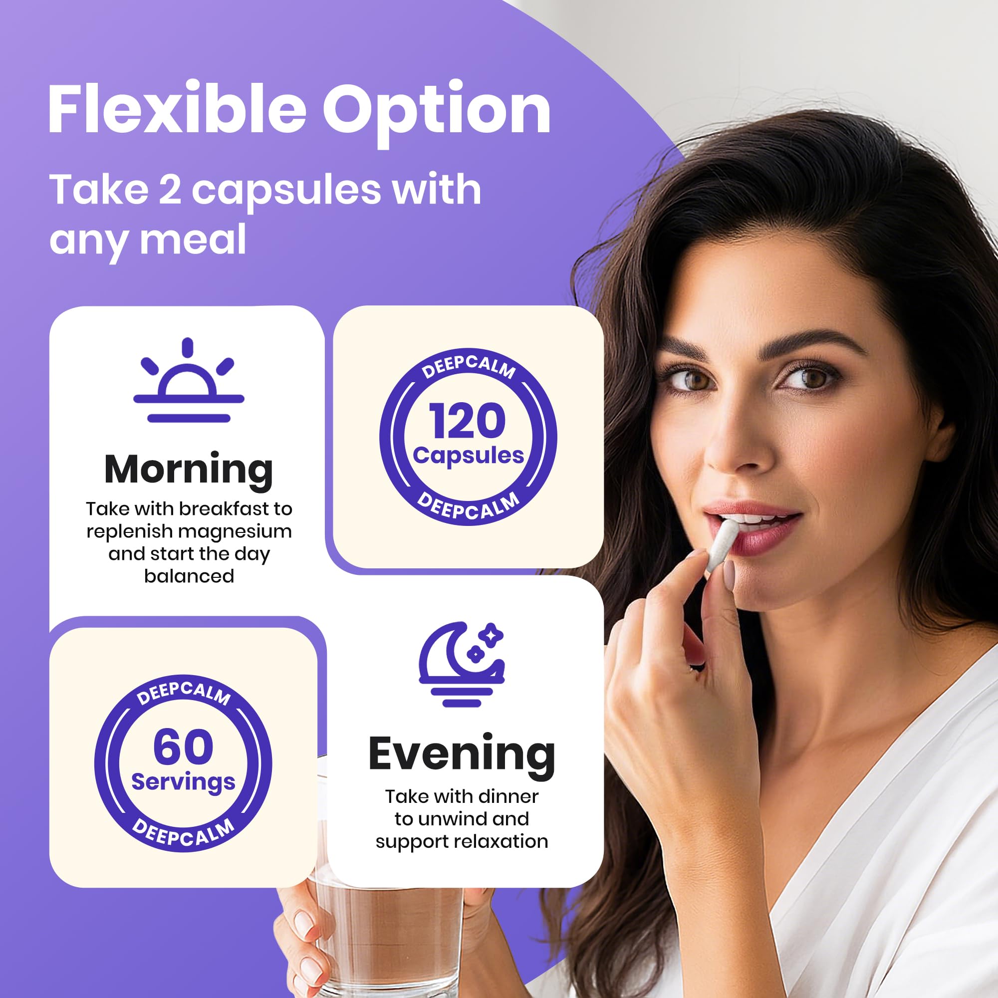 VEV DeepCalm capsules closeup highlights easy swallow design for routine.