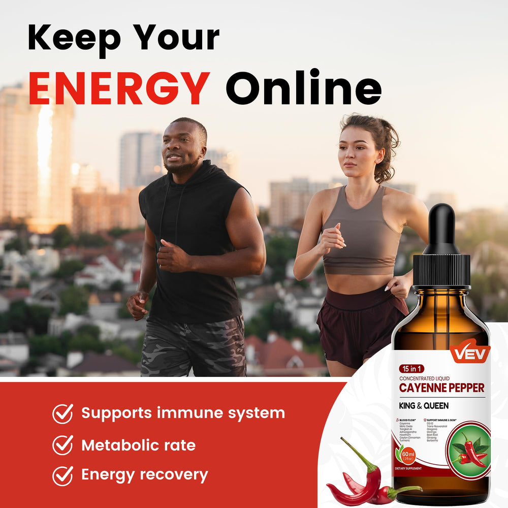 Close-up of VEV 15-in-1 cayenne drops ingredients label highlighting vegan and non-GMO quality