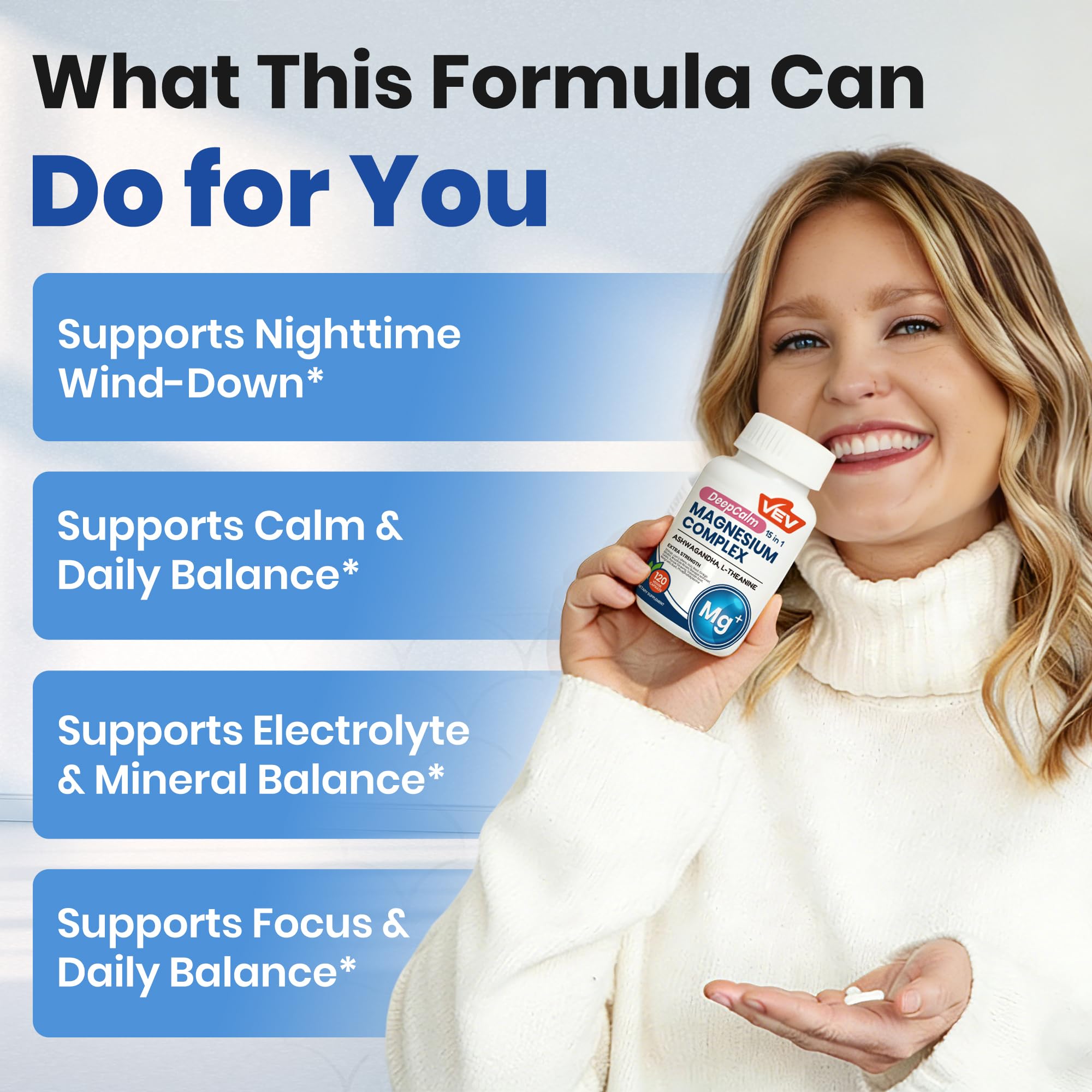 VEV Magnesium Complex with ashwagandha and L-Theanine suggests steady energy and calm
