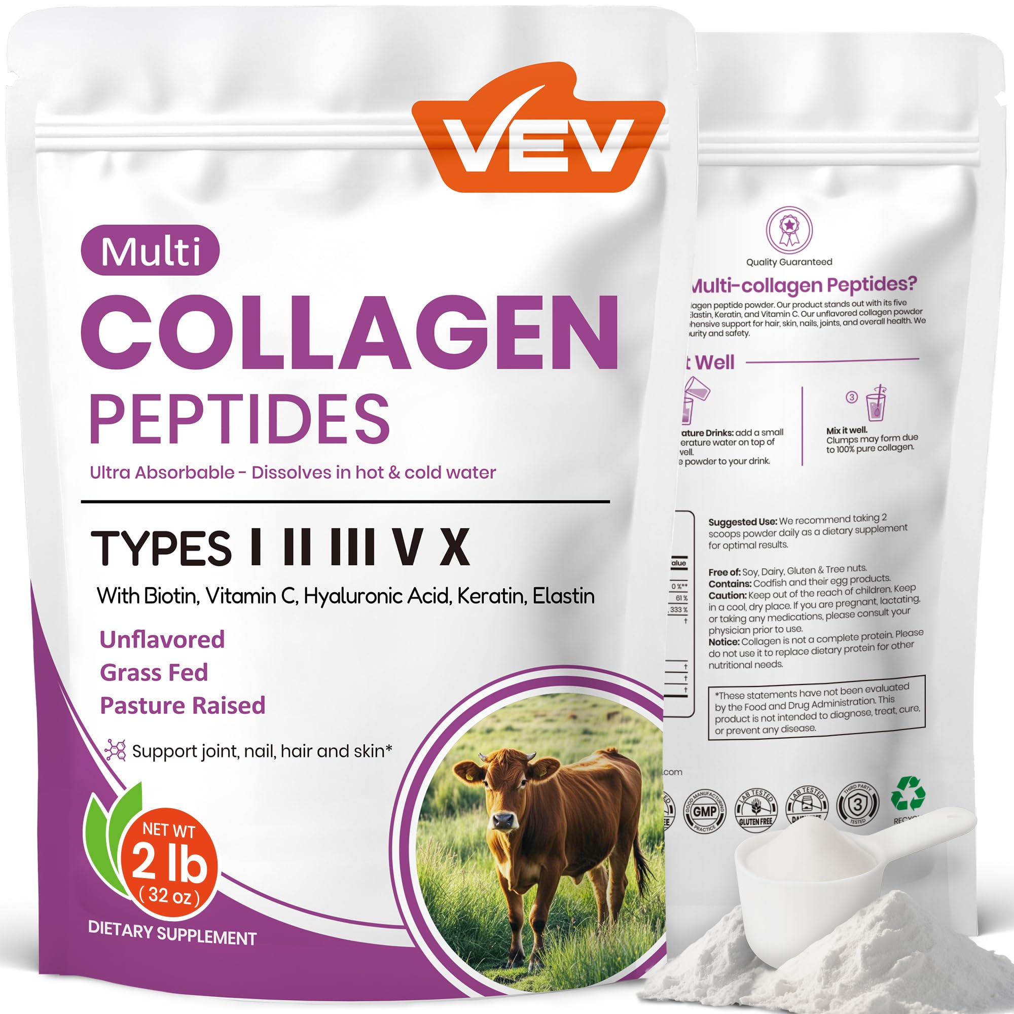 VEV Multi Collagen powder bag front view for daily use.