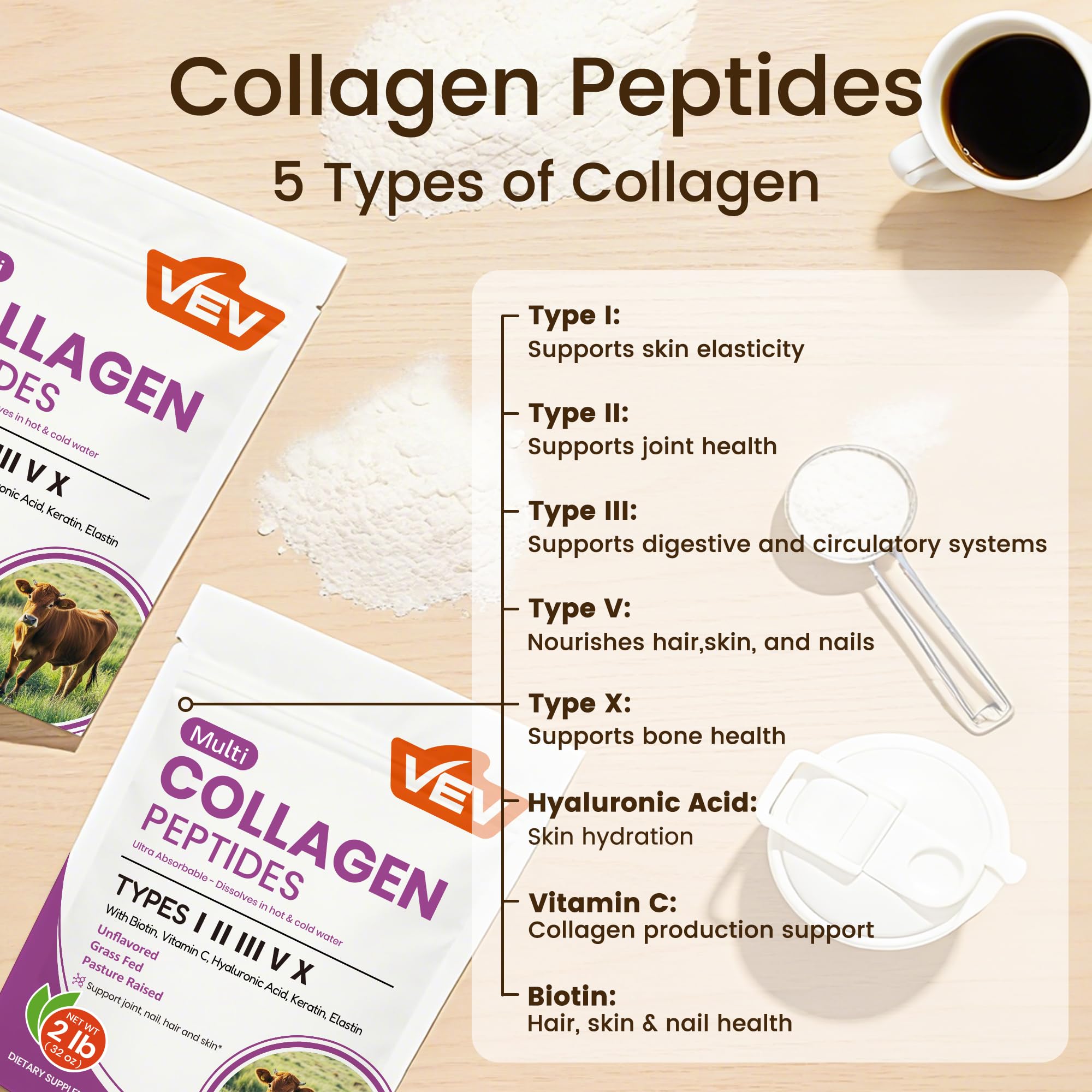 VEV Multi Collagen powder dissolves easily into coffee.