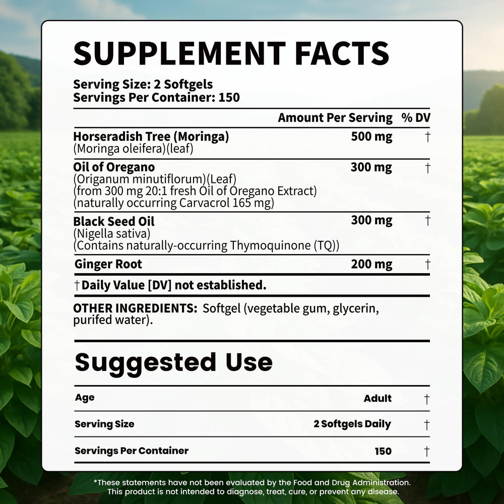 VEV oregano oil softgels close-up emphasizing carvacrol-rich formula for versatile use