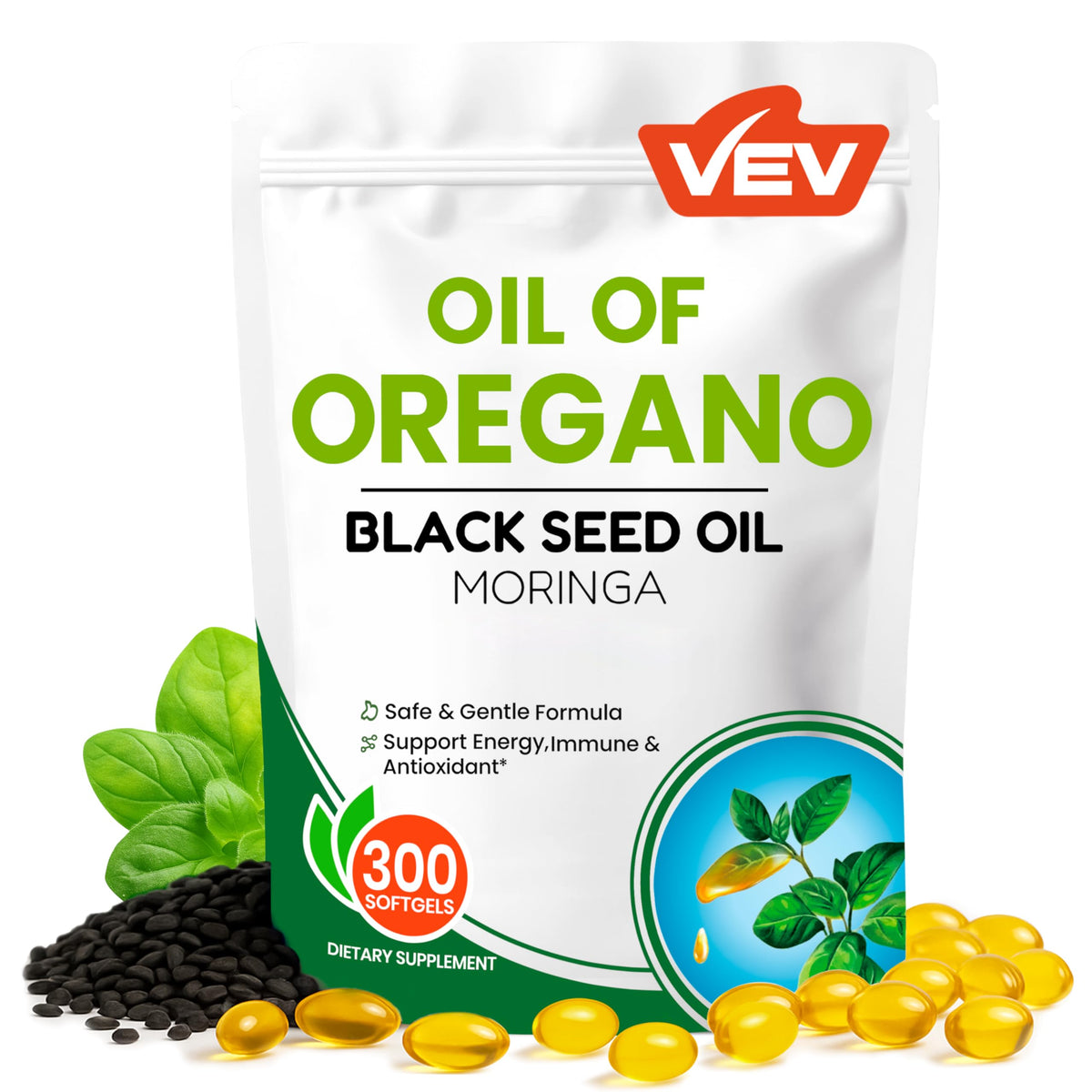 VEV Oil of Oregano with Black Seed Oil & Moringa bottle showing daily wellness potential