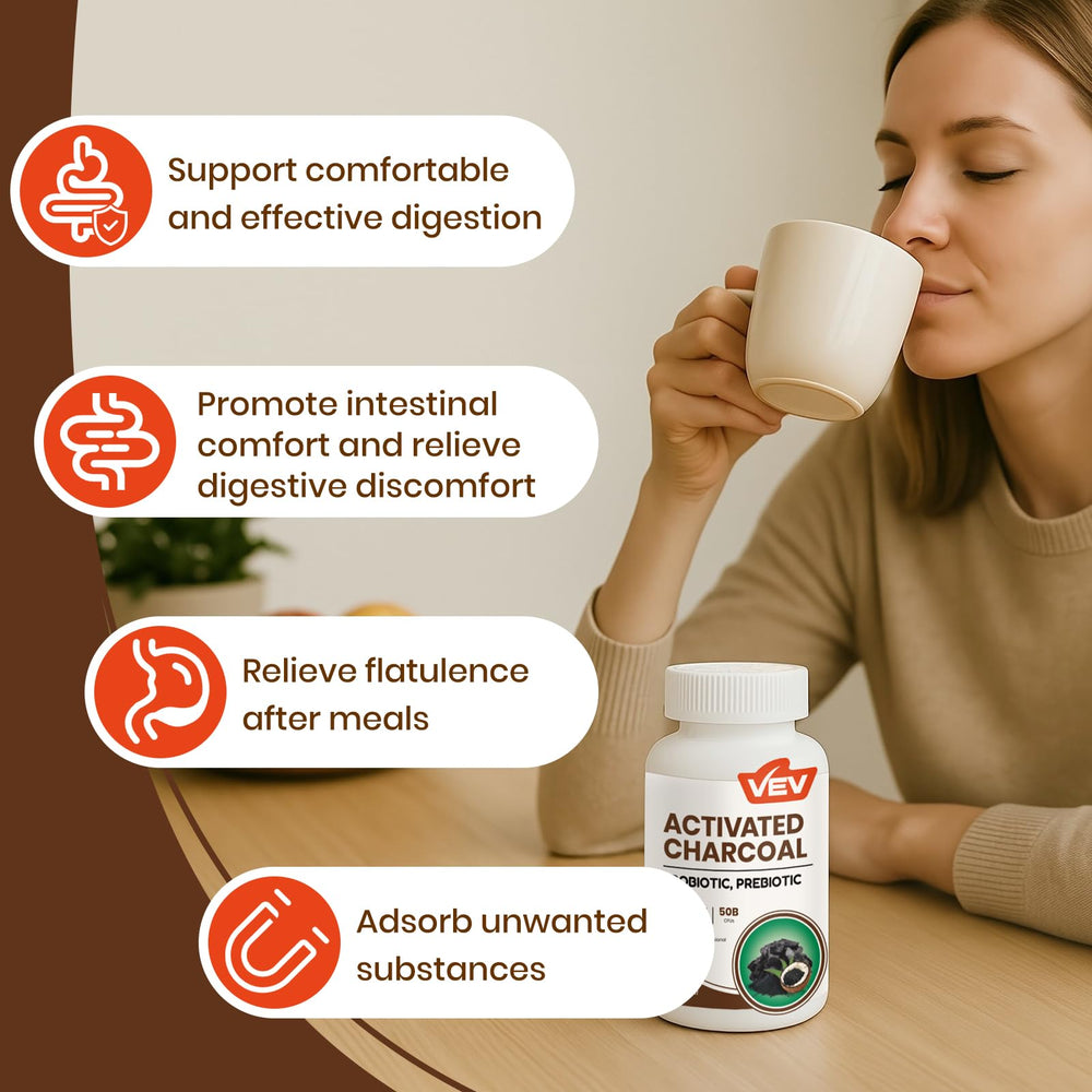 VEV Organic coconut charcoal ingredients label highlights natural sourcing for digestion.