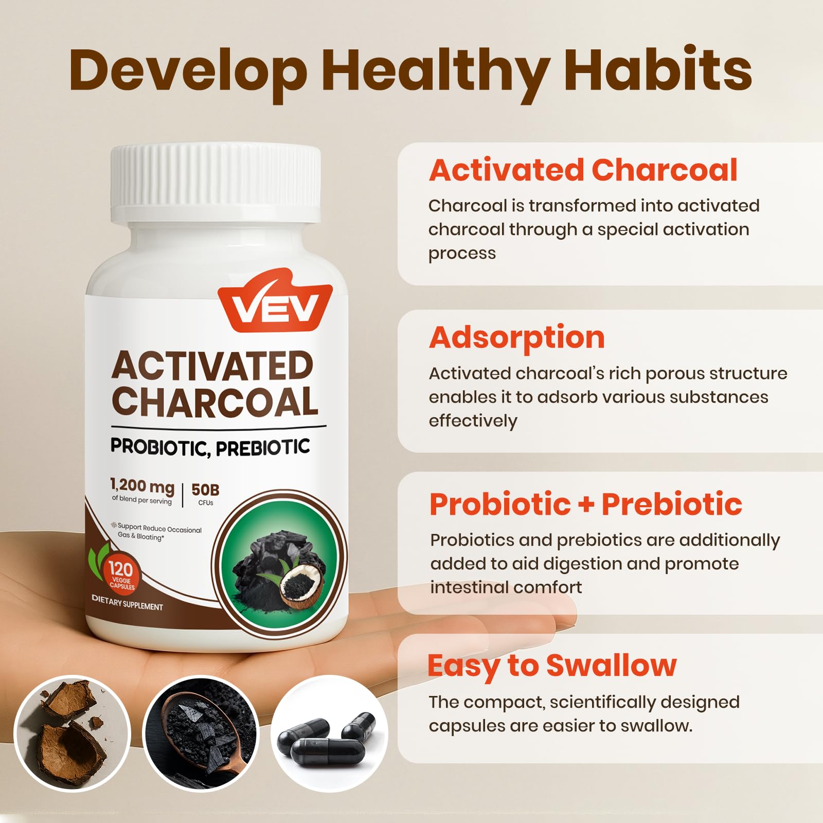 VEV Probiotics 50B CFU multi-strain bottle promoting gut balance.