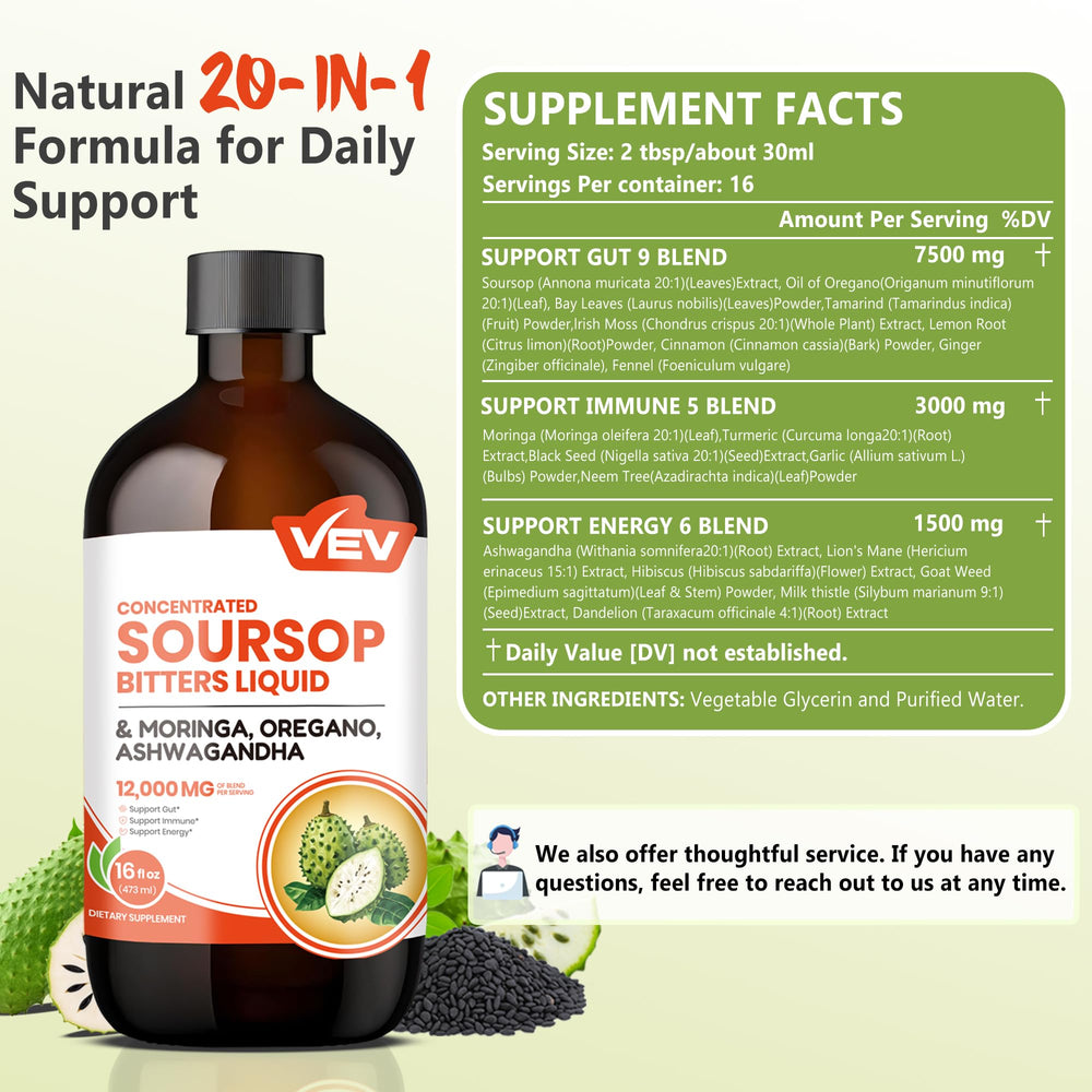 VEV Soursop Bitters bottle close-up on label, highlighting a 20-in-1 wellness formula.