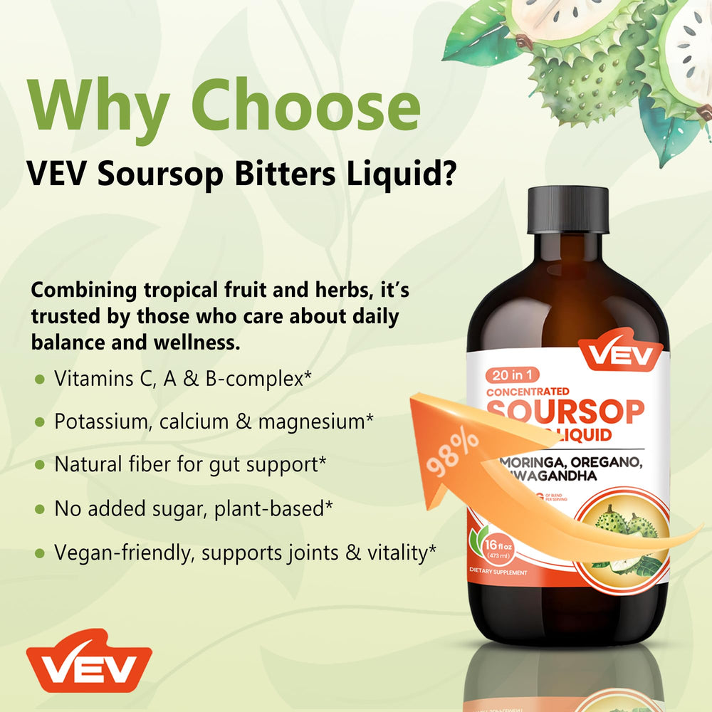 VEV Soursop Bitters packaging box, highlighting vegan and sugar-free formulation.