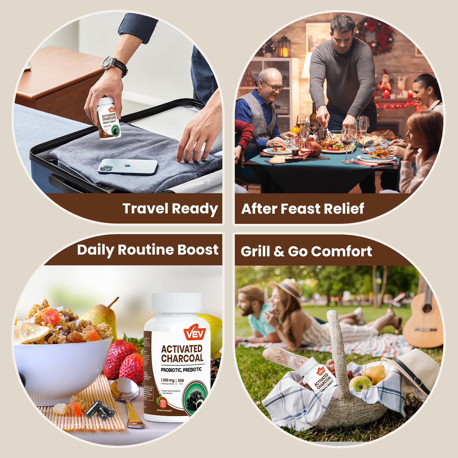 VEV Travel-ready packaging scene for on-the-go digestive support.