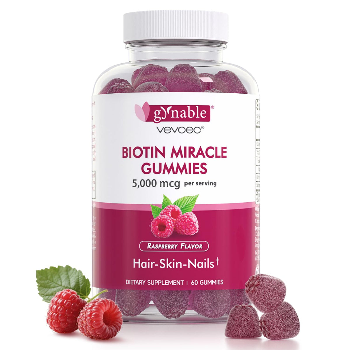 Vevoec Gynable Biotin Gummies jar demonstrates high-potency hair, skin, and nails support.