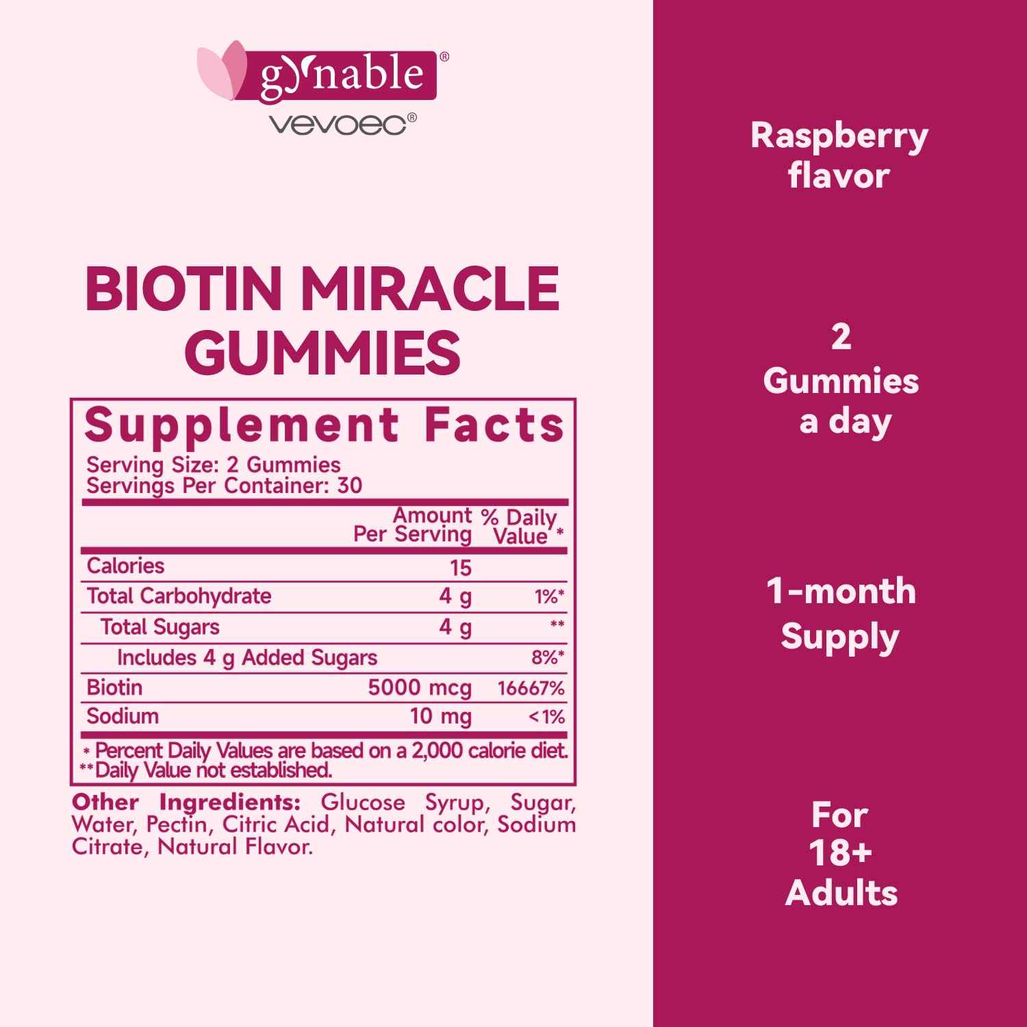 Vevoec Gynable Biotin Gummies label highlights 5000 mcg per gummy.