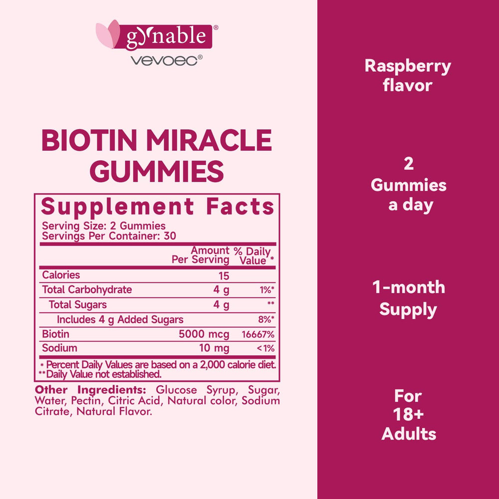 Vevoec Gynable Biotin Gummies label highlights 5000 mcg per gummy.