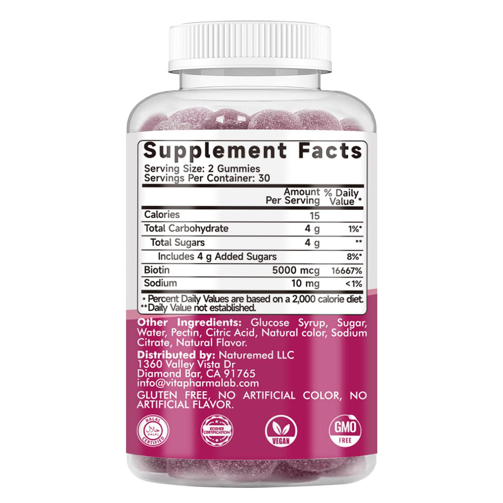 Vevoec Gynable Biotin Gummies nutrition facts emphasize 5000 mcg biotin per gummy.